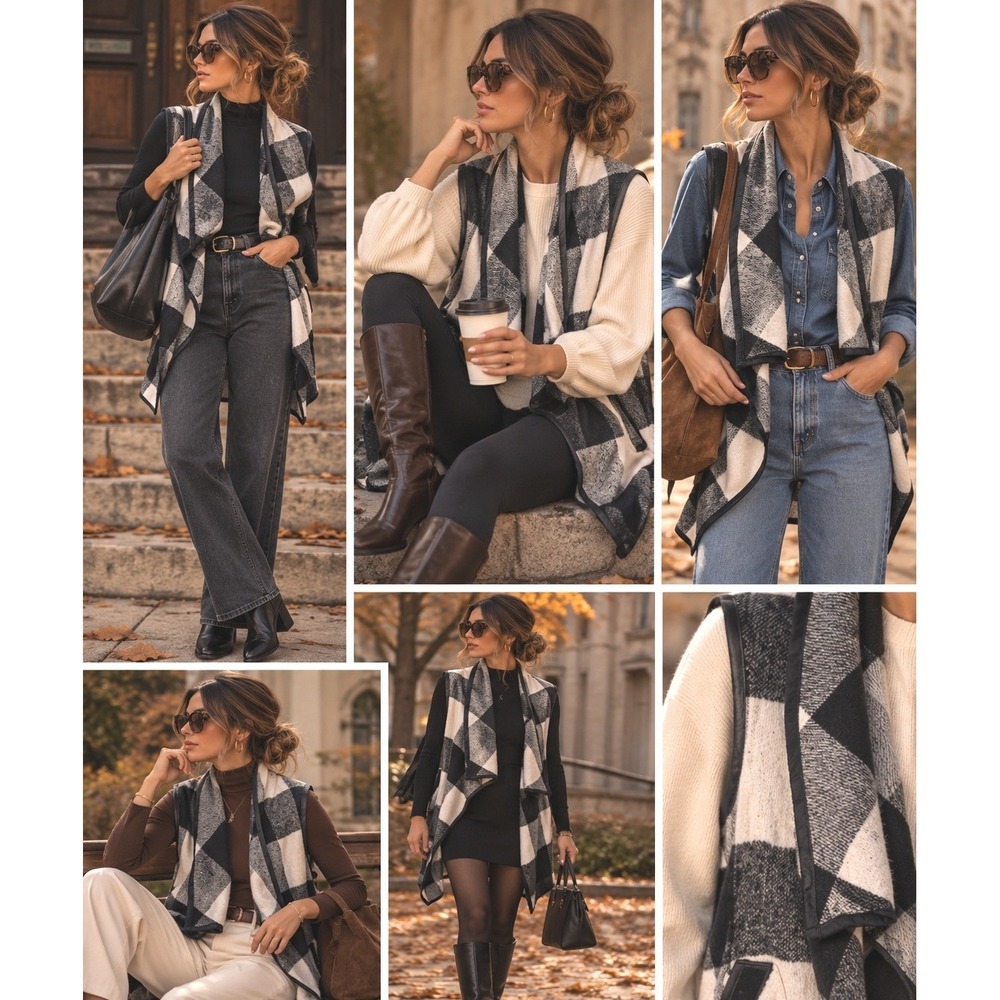 Buffalo plaid vest west loop photoshoot pumpkin patch utah mom black white med
